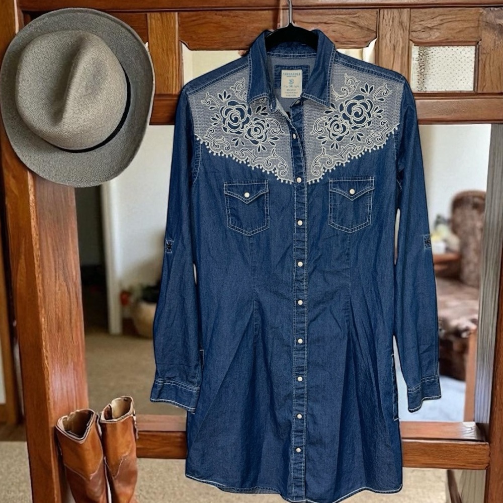Denim Long Sleeve Pearl snap Dress  with Lace Detail by Panhandle